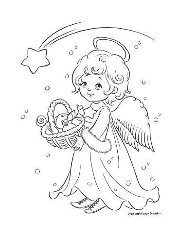 Coloring page of an angel with a basket full of sweets and apples with a comet above his head