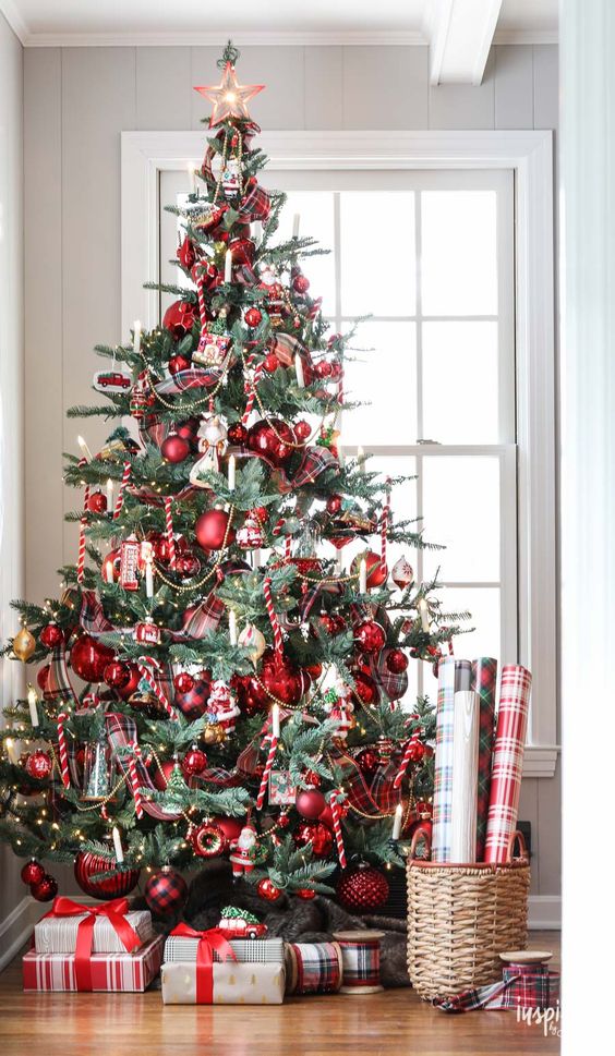 Christmas tree decorated with red bulbs