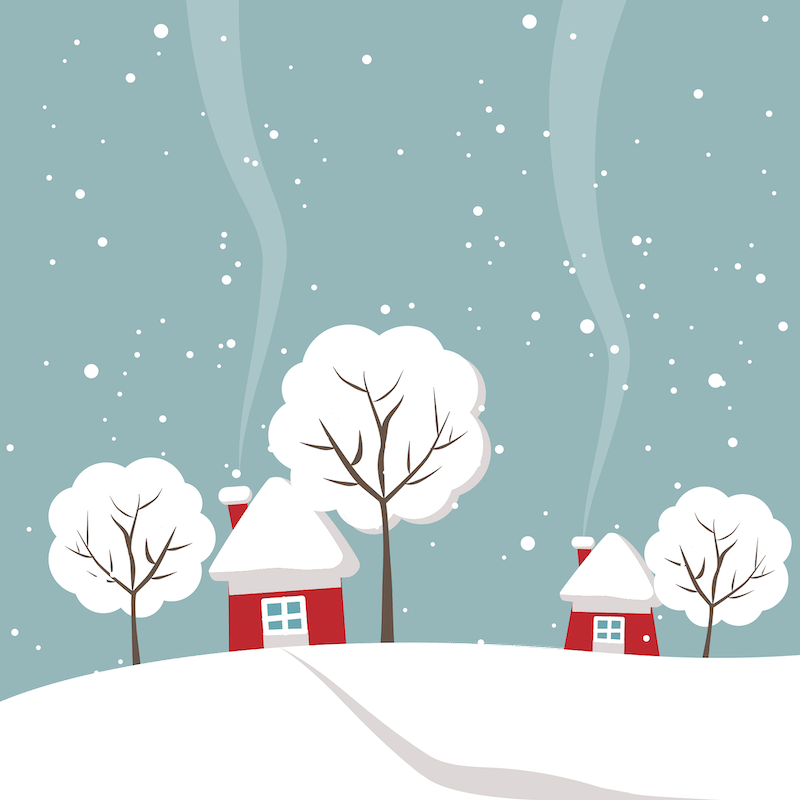 Illustrated houses and snowy trees.