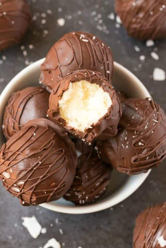 Coconut inside of the ball covered in melted chocolate.