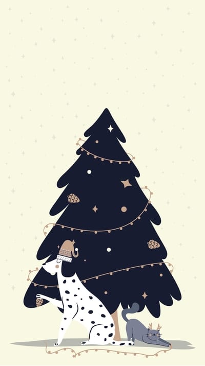 Cartoon wallpaper with a tree, a dog and a cat