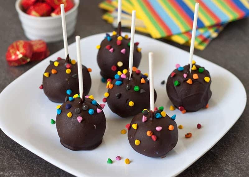 Christmas balls decorated with chocolate.