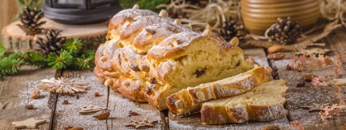 Christmas cake with almonds and raisins.