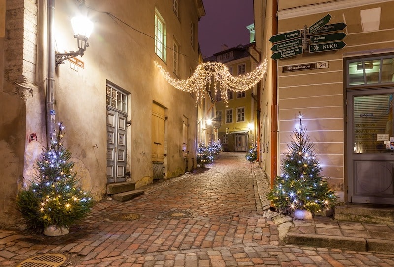 Beautifully decorated street with Christmas lights, deserted, without people.