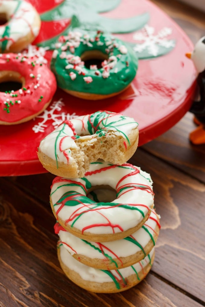 Christmas donuts decorated with icing.