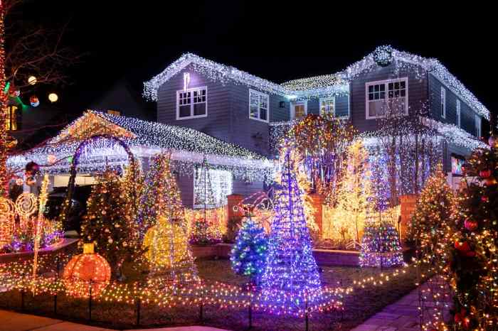 Richly decorated house and garden for Christmas.