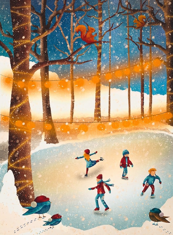 Illustration - children skating on ice.