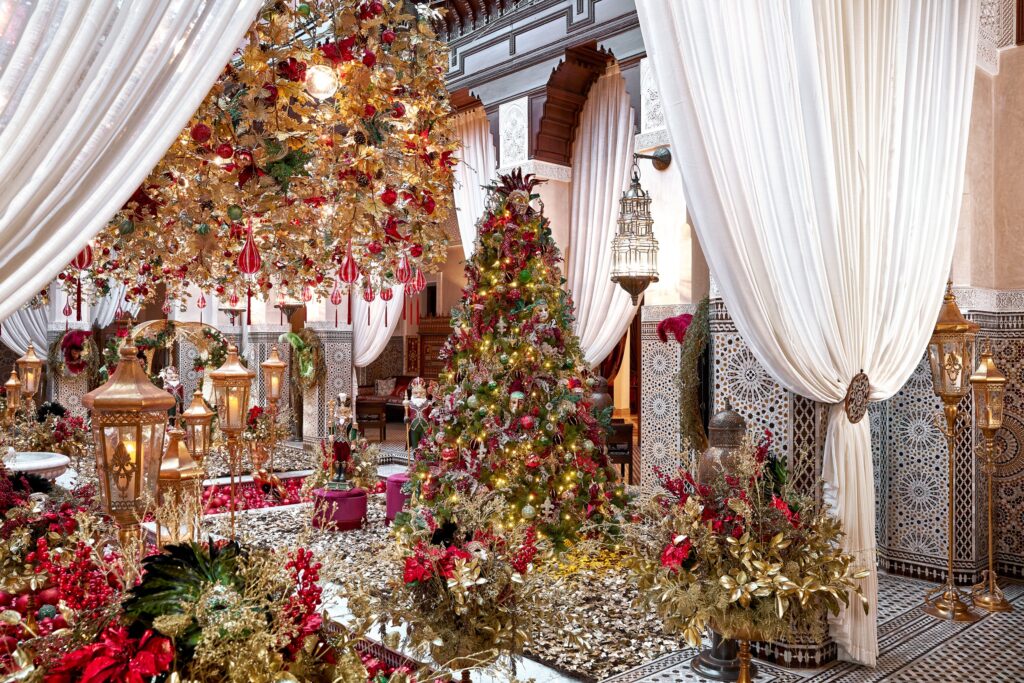 Decorated room full of Christmas decorations in Morocco.