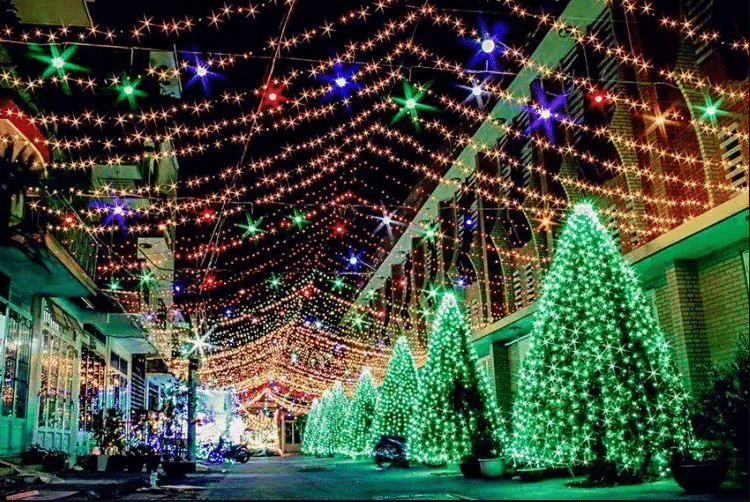 Decorated streets of Vietnam with lights and decorations.