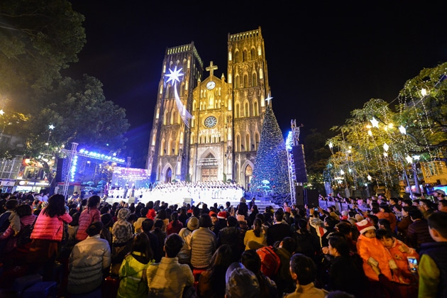 St. Joseph's Cathedral decorated for the Christmas holidays.