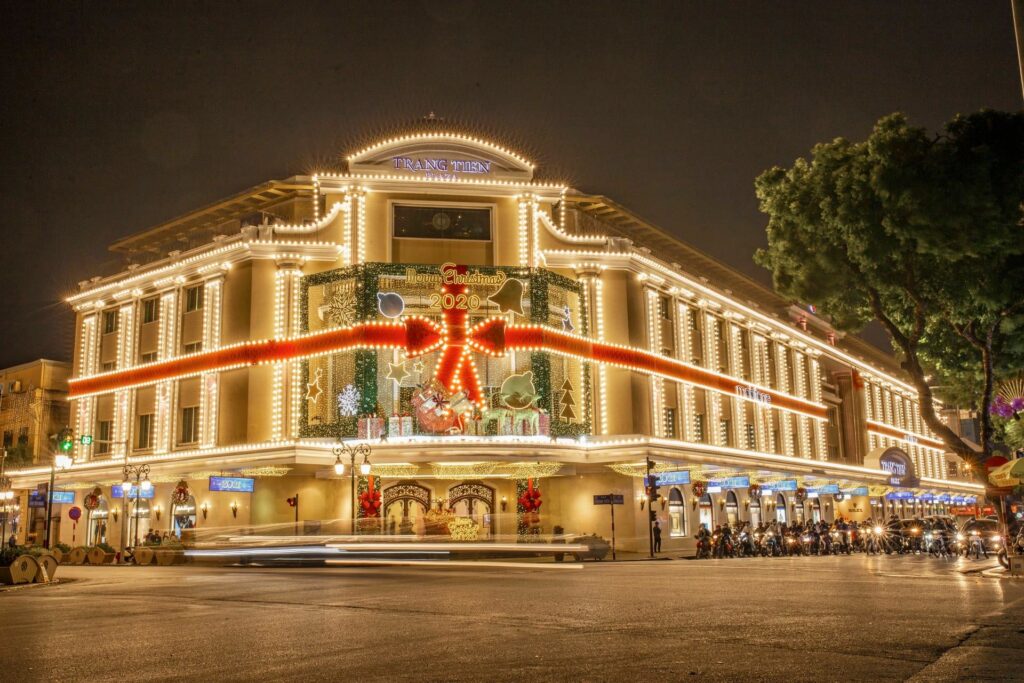 Christmas decorated exterior of the most popular shopping center.