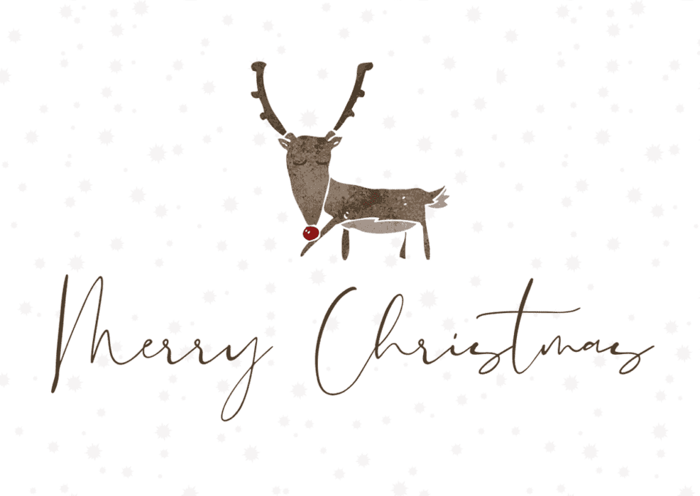 Christmas card with the inscription Merry Christmas with a reindeer on a white background with snowflakes