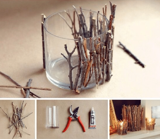 Instructions on how to make a Christmas candlestick from a glass candle and wooden twigs.