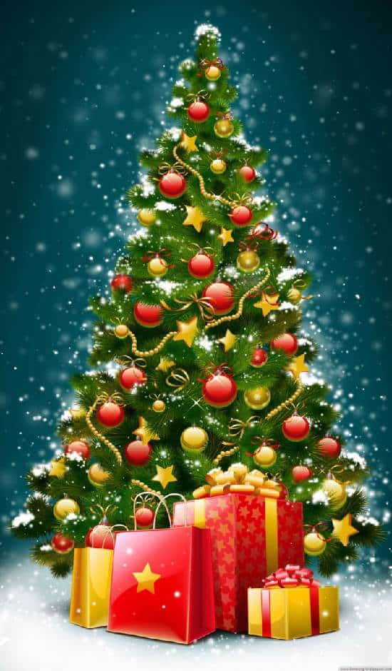 Colorful Christmas tree with decorations and gifts