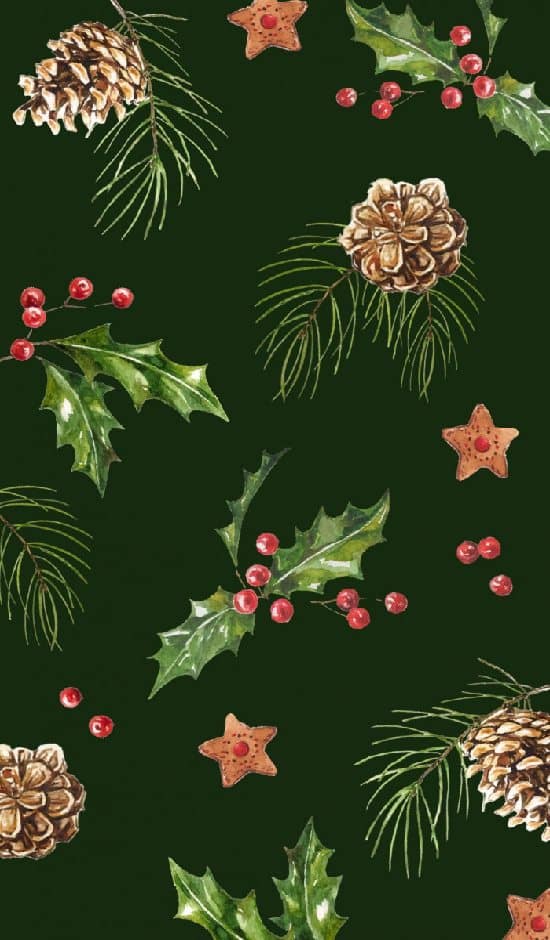 Dark green Christmas mobile background with holly, gingerbread and pine cones and branches