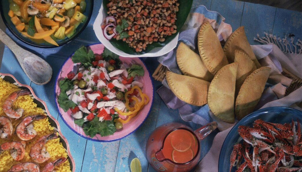 A Christmas board full of typical Cuban dishes.