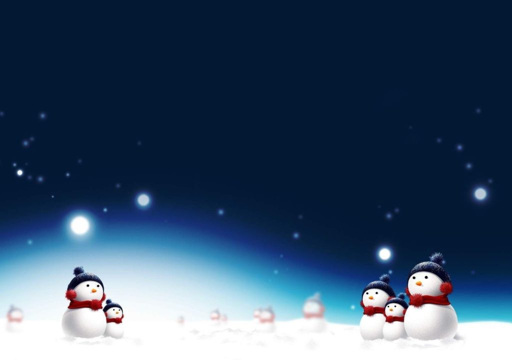 Cartoon picture Christmas card with night sky and little snowmen on the sides.