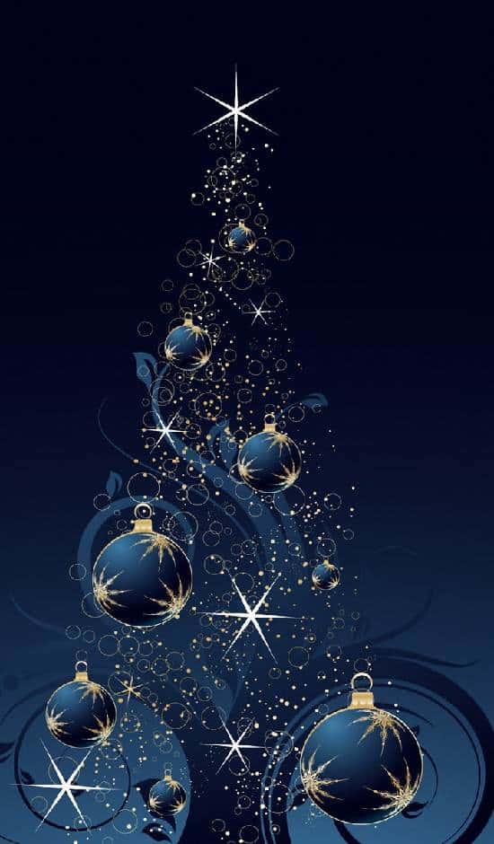 A tree made of shining stars and ornaments on a dark blue background