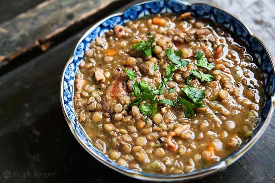 Lentil soup with sausage in a bowl