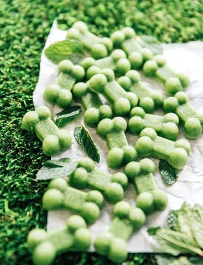 Green dog candy in the shape of cubes with spinach and mint