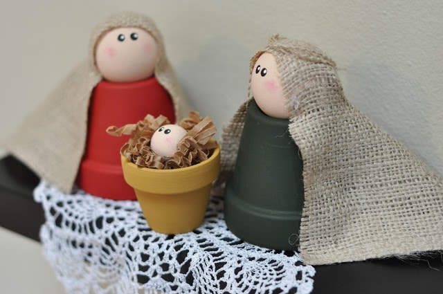 Nativity figures from ceramic flowerpots.