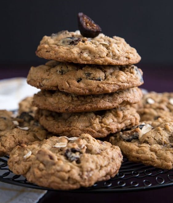 Oatmeal fig cookies stacked on top of each other.