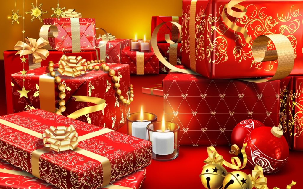 Cartoon background with red gifts, flasks and candles, decorated with gold ribbons and ornaments.