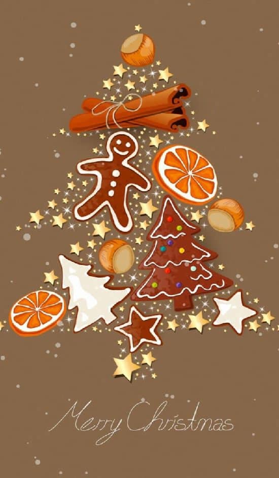 A Christmas tree made of stars, nuts, gingerbread, orange slices and a cinnamon roll