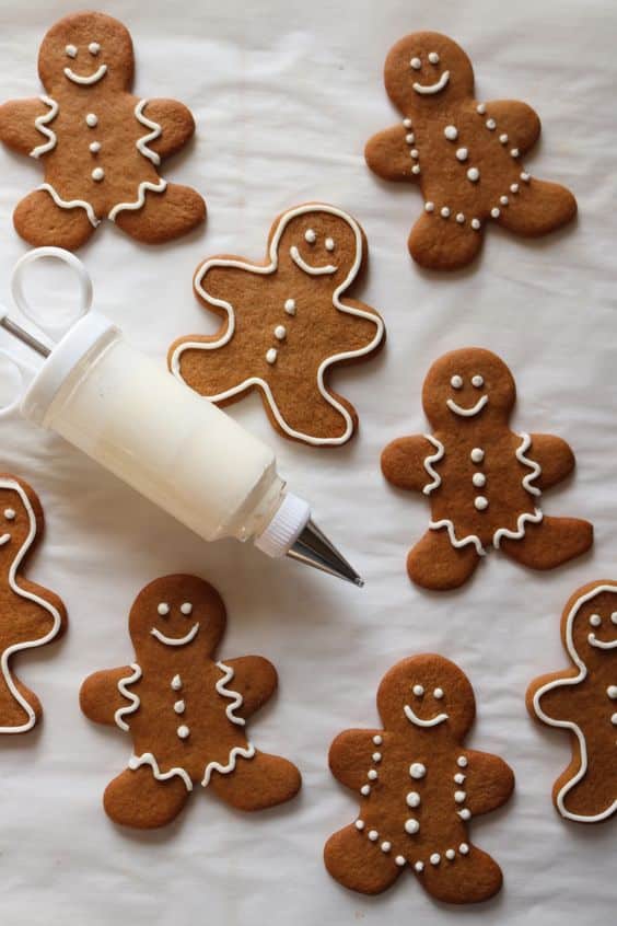 Gingerbread men decorated with sugar icing.