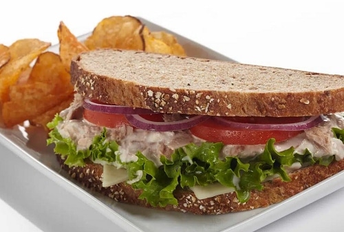 Sandwich with tuna-horseradish spread and salad.