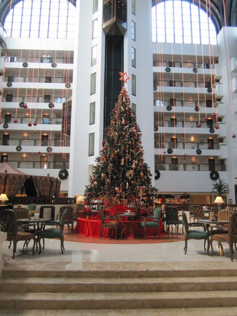 Decorated Christmas center with tree.