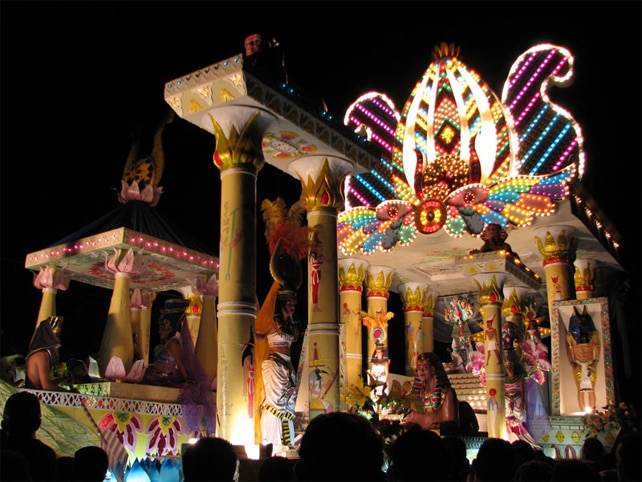 Colorful lighting that accompanies the festive procession.