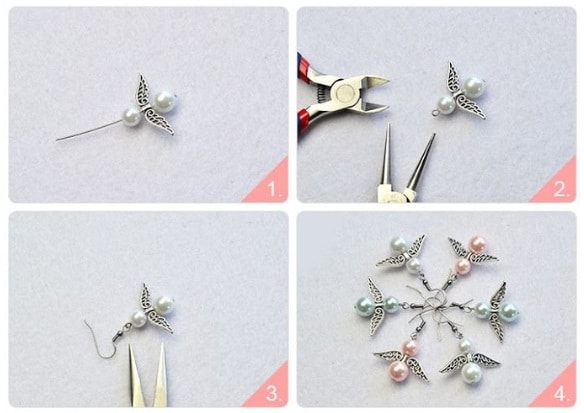 The process of making earrings from beads in the shape of an angel.