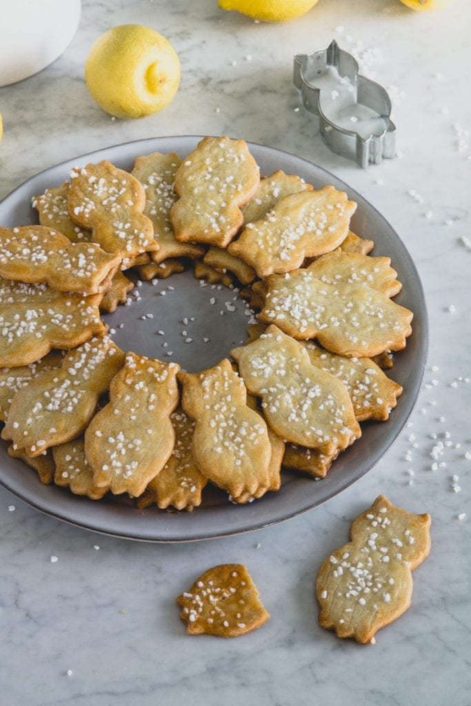 Linnaeus lemon Christmas cookies in the shape of owls, sprinkled with sugar.