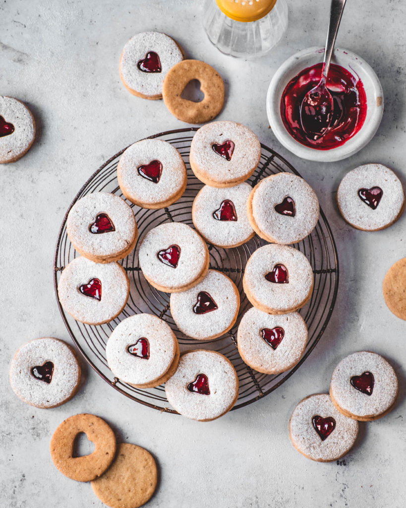 Linnaeus buckwheat flour cookies with cut-out hearts and marmalade