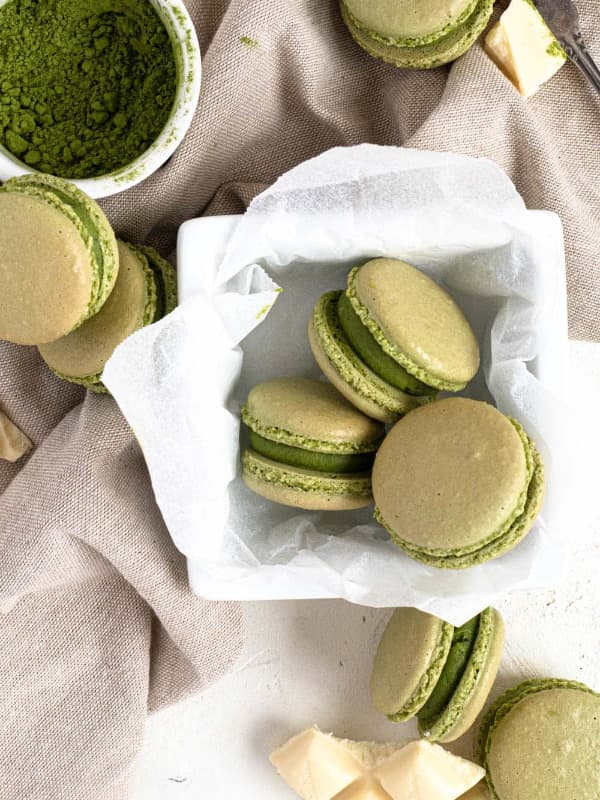 Green tea flavored macaroons filled with white chocolate cream.