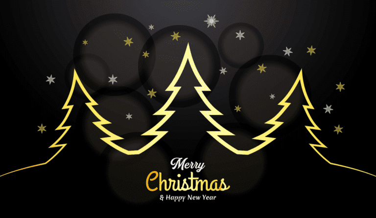Postcard with a Christmas card in English, golden outlines of spruce trees on a black background with stars