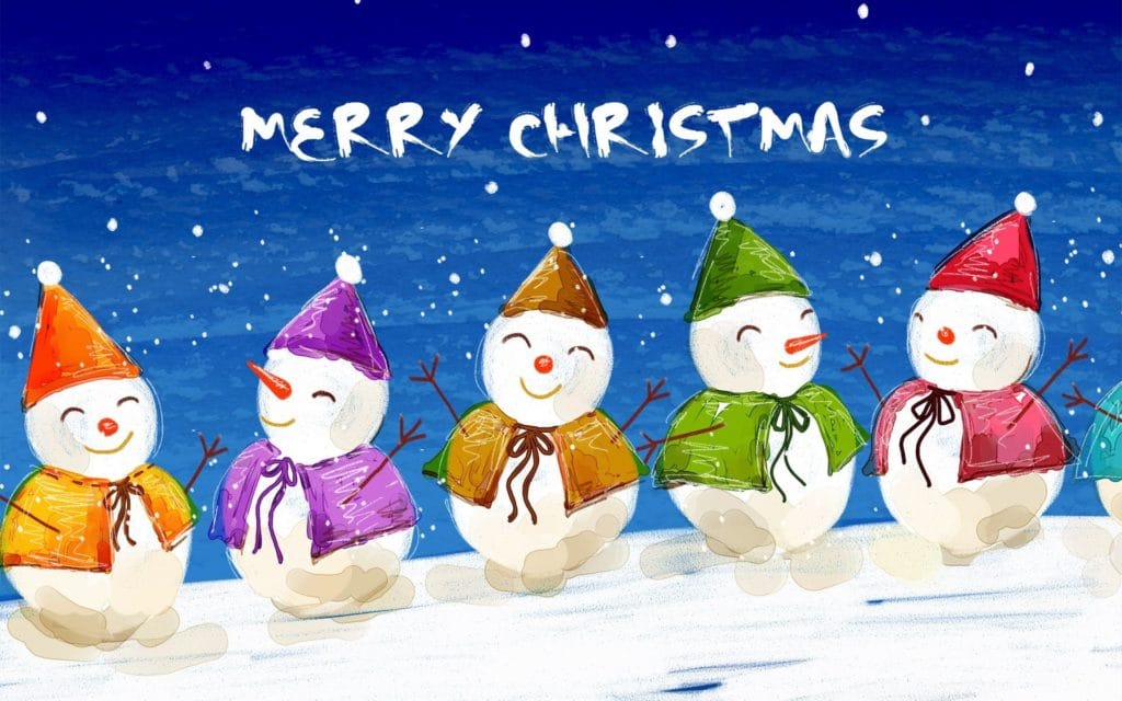 snowmen on a Christmas picture card with the English text Merry Christmas