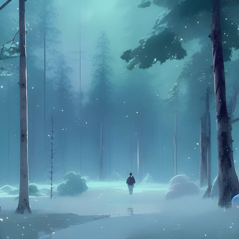 Cartoon image of a character standing in a snowy forest, low light, beautiful atmosphere.