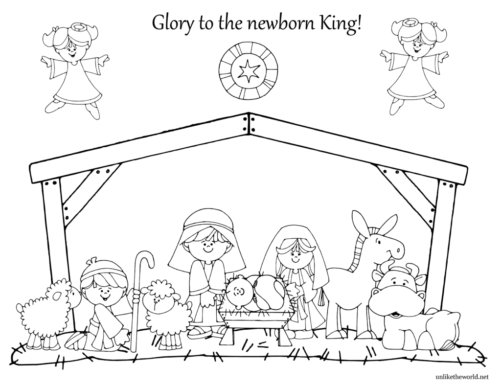 Children's picture, nativity scene coloring book.