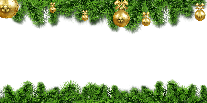 Christmas pictorial background with a white space in the middle, horizontally lined with twigs with golden bulbs.