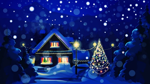 Cartoon postcard depicting a snowy night landscape with a glowing house and an outdoor Christmas tree.