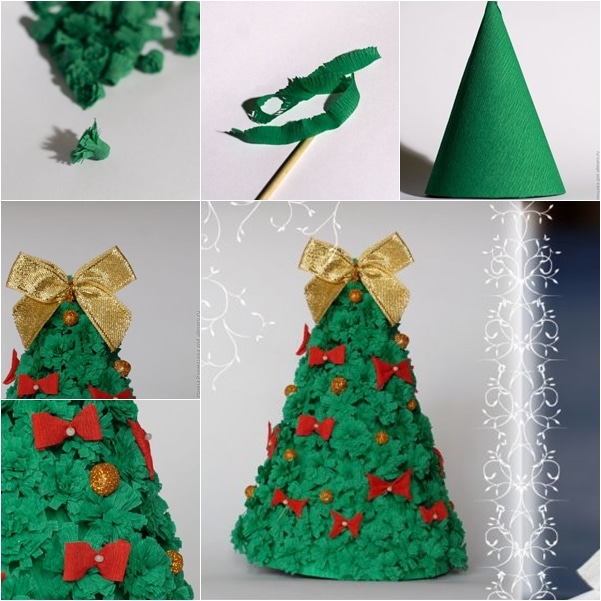 Christmas apartment decoration made of paper, in the shape of a tree, decorated with crepe balls, red bows and a large gold bow.