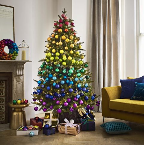 Christmas tree decorated in rainbow colors