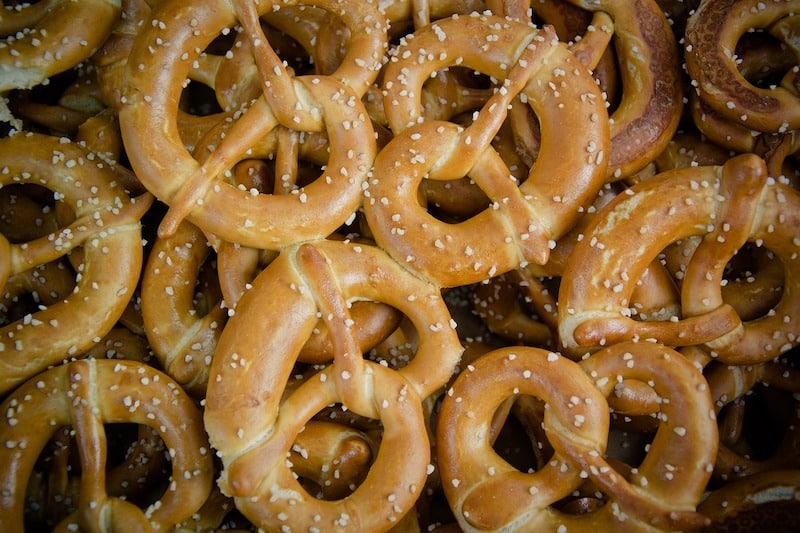 Pretzels from the home bakery sprinkled with salt.