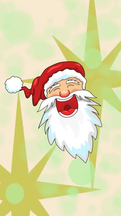 Laughing cartoon head of Santa Claus on a green background with stars