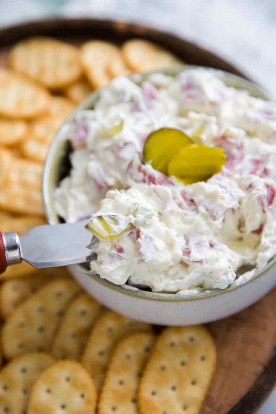 Delicious creamy spread with salami and pickle.