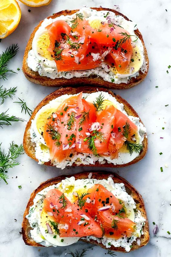 Toasted sandwich with cottage cheese base and salmon.