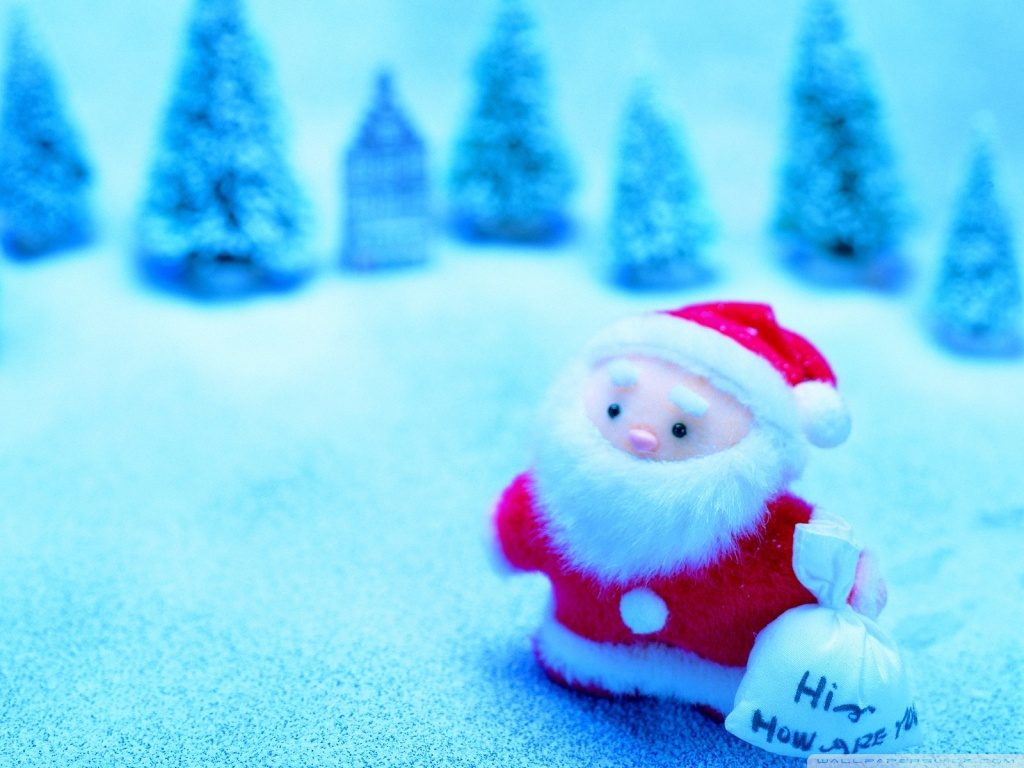 Background with Santa Claus and a snowy landscape with coniferous trees in the background.