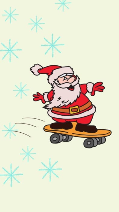 Cartoon Santa Claus speeding on a skateboard